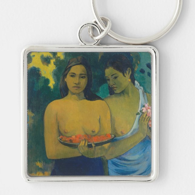 Paul Gauguin - Två Tahitian Women Fyrkantig Silverfärgad Nyckelring (Framsidan)