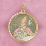 Påven St. Gregory Underbaren (M 067) Guldpläterat Halsband<br><div class="desc">Den 3 september 590 valdes en femtonde Benediktine munk till 64:e påven med enhällighet. Han skulle bli känd som påve St. Gregory Underbaren (540-12 mars 604). Här visas St Gregory med en formell papal-regalia, en guld-trippel krona-tiara, en utvecklad pectorisk kor, och en purpur rosa "mantum" eller ett långt mellanrum med...</div>