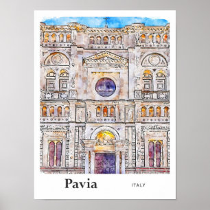 Pavia Italien Travel Watercolor Hand plockade Poster
