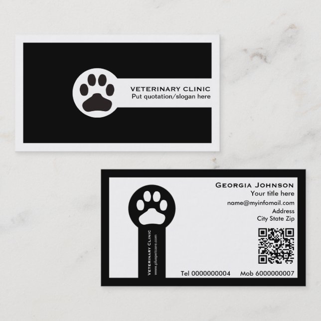 Paw and QR code black Vet/Veterinary Clinic  Visitkort (Fram/baksida)