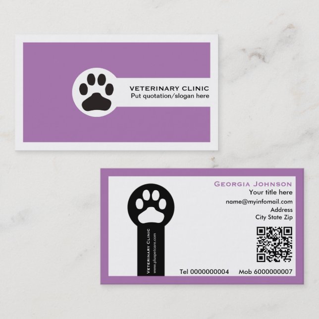 Paw and QR code purple Vet/Veterinary Clinic  Visitkort (Fram/baksida)