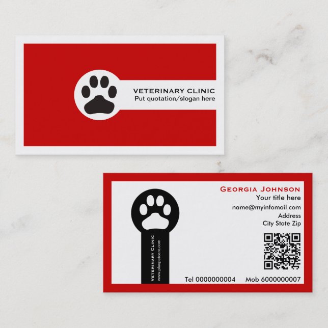 Paw and QR code red Vet/Veterinary Clinic  Visitkort (Fram/baksida)