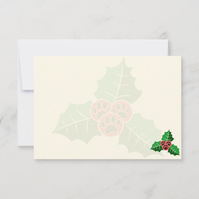 Paw Holly Leaves Christmas Blank Cream Off White Anteckningskort (Framsida)