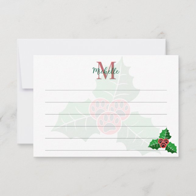 Paw Holly Leaves Christmas Custom Monogram Lined Anteckningskort (Framsida)
