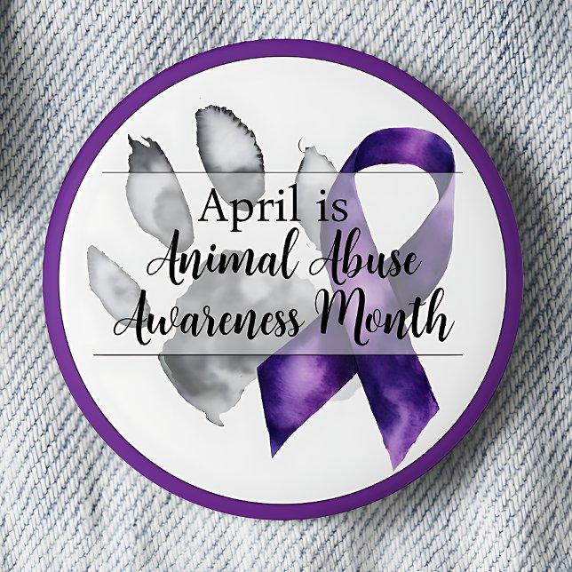 Paw Print April Animal Abuse Awareness Månad Knapp (April is Animal Abuse Awareness Month.  Paw print with purple awareness ribbon pinback button.)