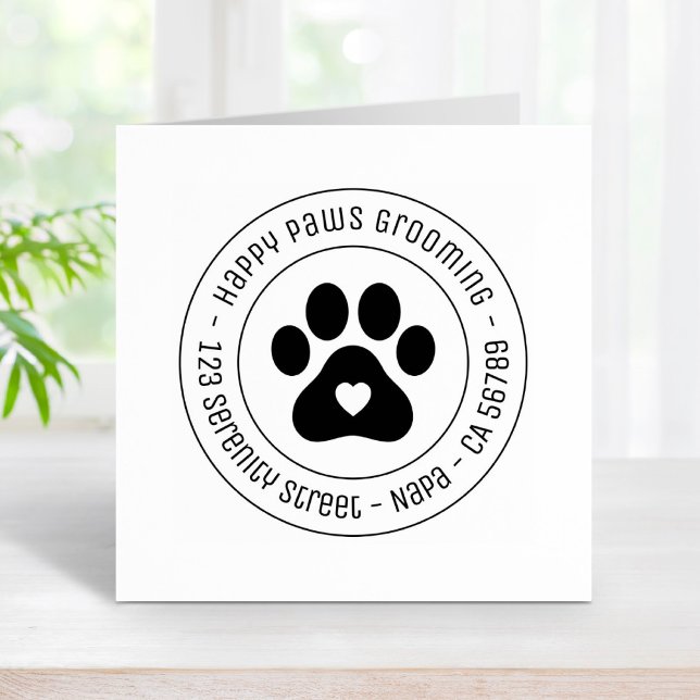 Paw Print Grooming Business Heart Round Adress Stämpel (Skapare uppladdad)