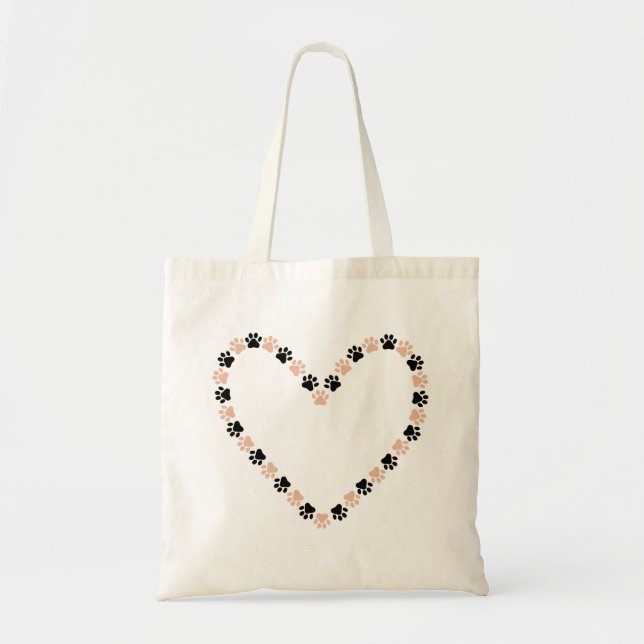 Paw Print Heart-handväskor - Rosa & svarta husdjur Tygkasse (Framsidan)
