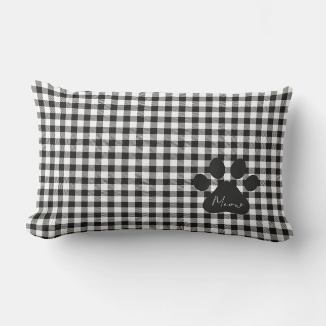 Paw Print MEOW Gingham Classic Black White Cats Lumbarkudde (Framsida)