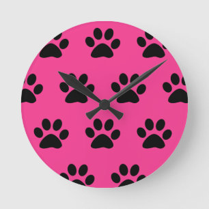 Paw Print Mönster Black Rosa Cute Snyggt 2021 Rund Klocka