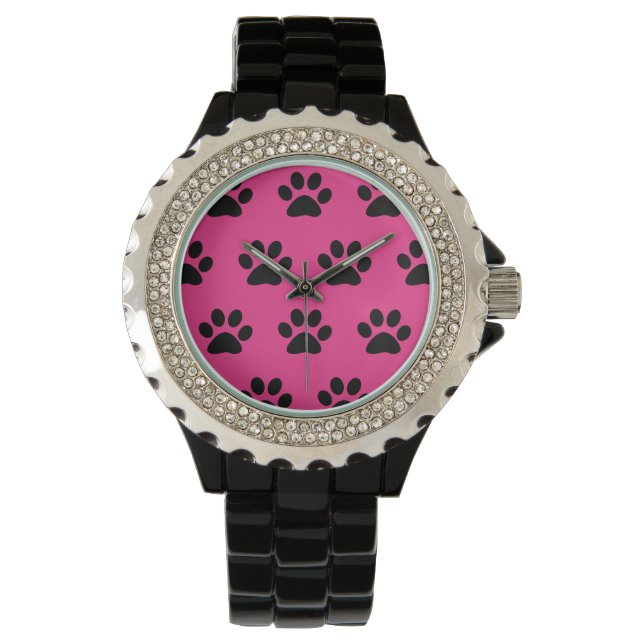 Paw Print Mönster Black Rosa Cute Snyggt Girly Armbandsur (Framsida)