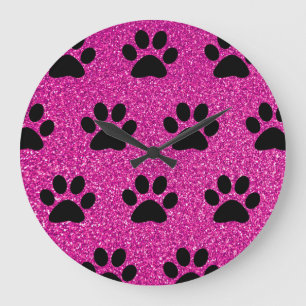 Paw Print Mönster Black Rosa Glitter Cute Girly Stor Klocka