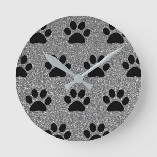 Paw Print Mönster Black Silvery Grått Glitter Cute Rund Klocka