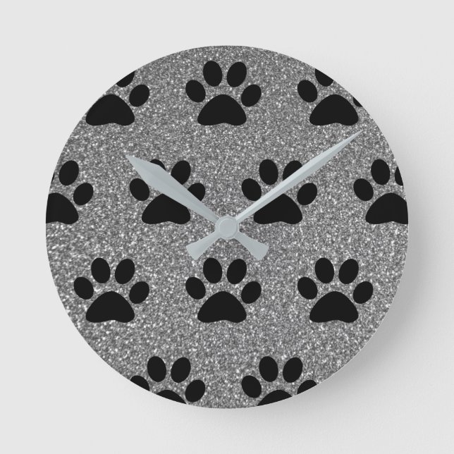 Paw Print Mönster Black Silvery Grått Glitter Cute Rund Klocka (Framsida)