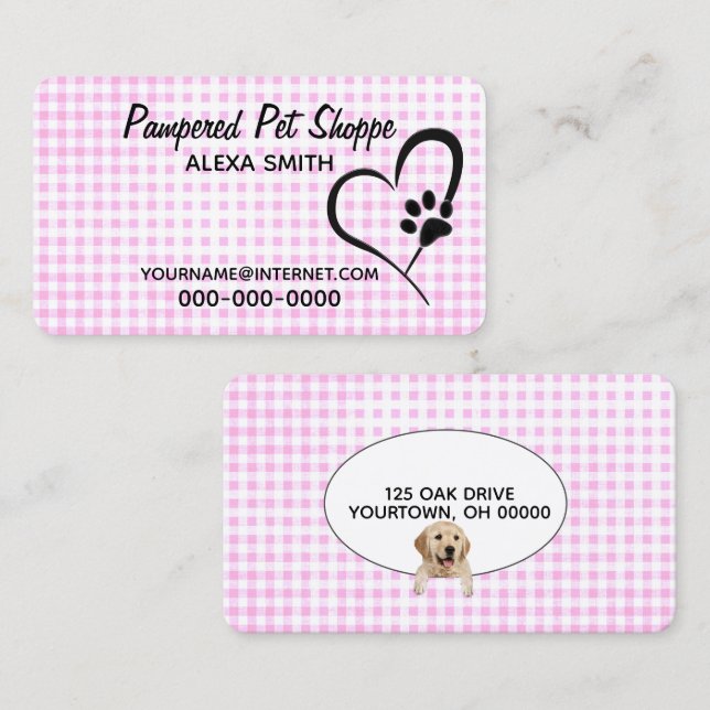 Paw Print on Gingham Pet Grooming Visitkort (Fram/baksida)