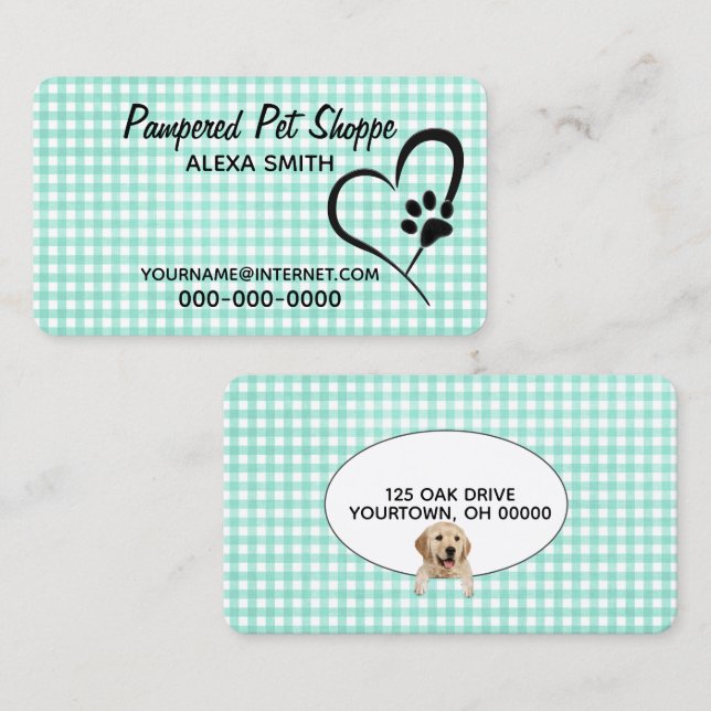 Paw Print on Gingham Pet Grooming Visitkort (Fram/baksida)