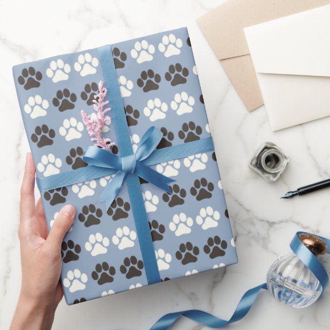 Paw Print Pattern Silver Blue Presentpapper (Gifting)