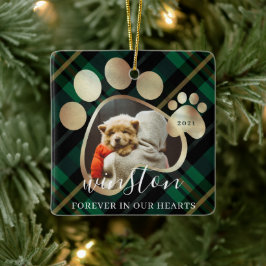 Paw Print Pet Photo Grönt plaid Pet Namn Memorial Julgransprydnad Keramik