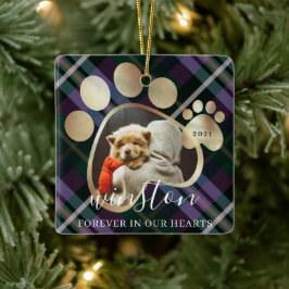 Paw Print Pet Photo Lila plaid Pet Namn Memorial Julgransprydnad Keramik