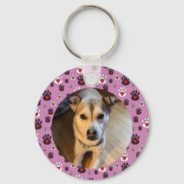 Paw print pink red heart photo nyckelring