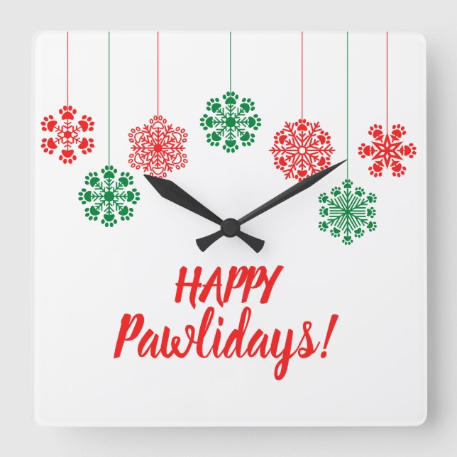 Paw print snöflingor i rött och grönt färg fyrkantig klocka (Framsida)