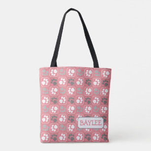 Paw Print Tile Mönster Rosa med Namn Tygkasse