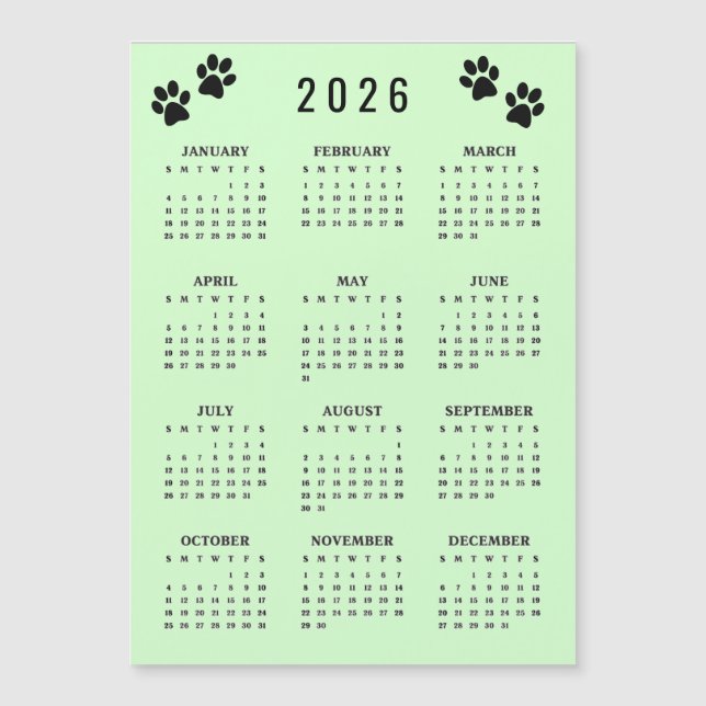 Paw Prints Design 2026 Calendar Magnetic Card (Framsida)