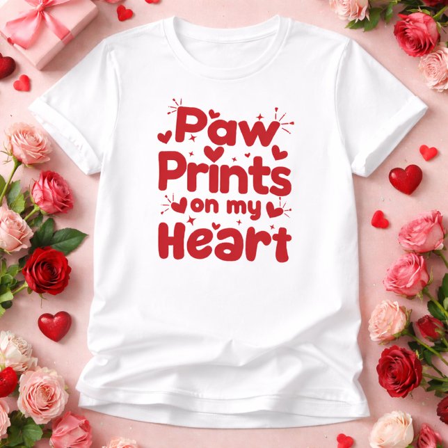 Paw Prints on My Heart Cute Dog Lover Design T Shirt (Cute paw print design showing love dogs leave on our hearts, perfect for Valentine pet lovers.)