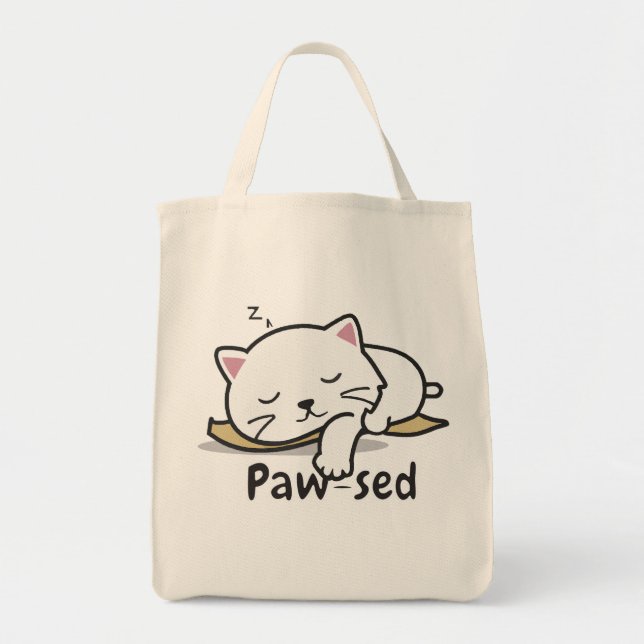 Paw-sed Cute Cat Tote – Lazy Kitty Cotton Bag Tygkasse (Framsidan)