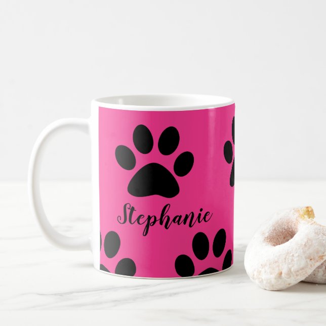 Paw Skriv ut Mönster Black Rosa Cute Monogram Namn Kaffemugg (Med munk)