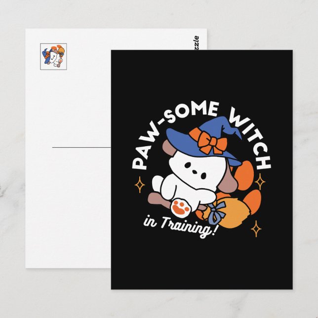 Paw-som häxa under utbildning – Söt Halloween-hund Vykort (Fram/baksida)