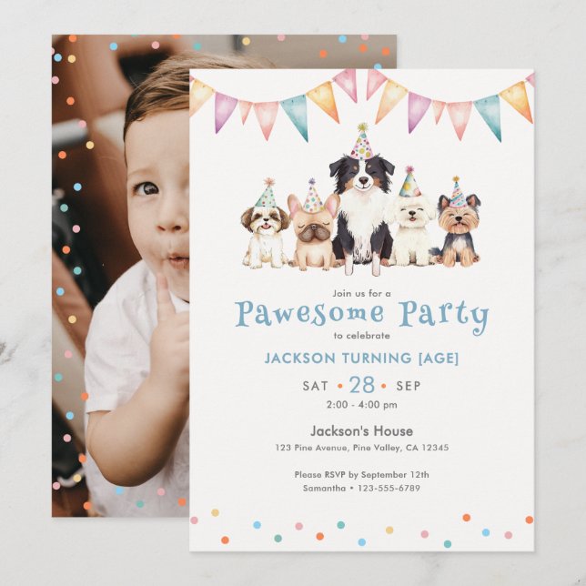 Pawesome Partyhundar Anpassad Ålder Pojkar Födelse Inbjudningar (Fram/baksida)