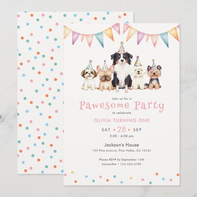 Pawesome Partyvalpar Flicka Fyller Ett Inbjudningar (Fram/baksida)