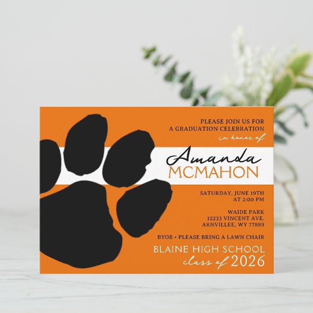 Pawprint av orange- och svart Elegant (bakåtfoto) Inbjudningar (Skapare uppladdad)