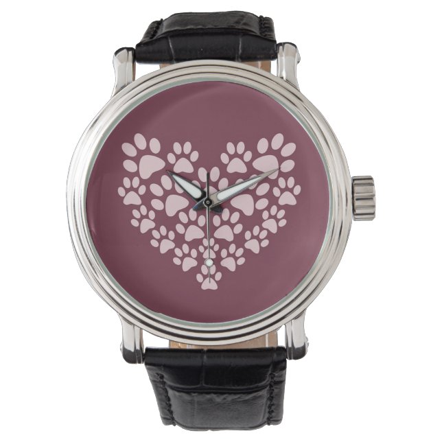 Pawprint Heart-Vintagen Läderband Black Watch Armbandsur (Framsida)