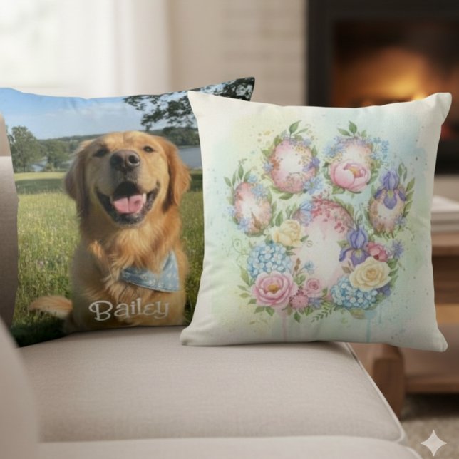 Pawprint Pillow – Watercolor Floral Pet Art Kudde (Watercolor botanical floral pet photo pillow)
