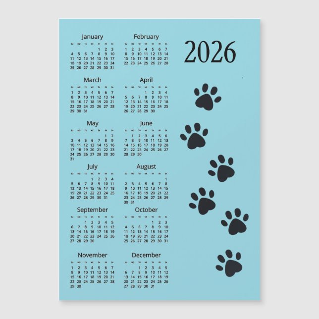 Pawprints Design 2026 Calendar Magnetic Card (Framsida)