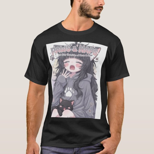 Paws & Naps Mysig Animeflicka & Katt Estetisk Gata T Shirt (Framsida)