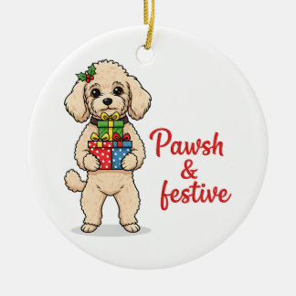 Pawsh och festlig hund, fin julhund julgransprydnad keramik