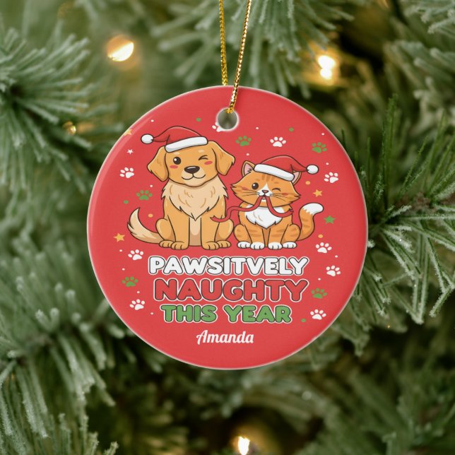 Pawsitively Naughty This Year Funny Christmas Julgransprydnad Keramik (Träd)