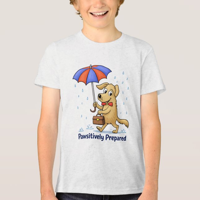 Pawsitively Prepared – Cute Dog with Umbrella T Shirt (Framsida)