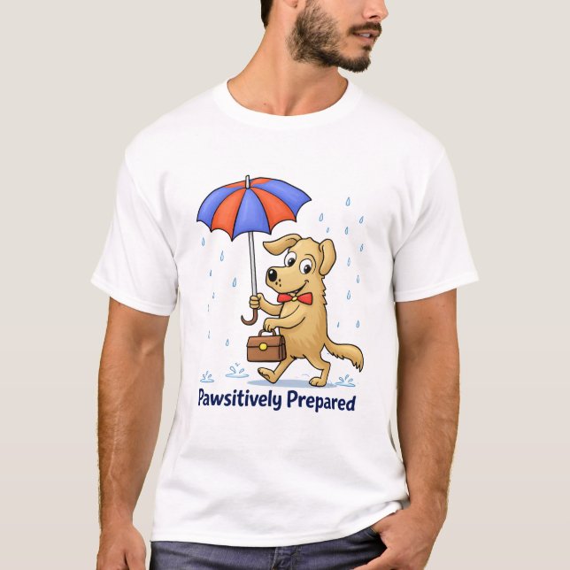 Pawsitively Prepared – Cute Dog with Umbrella T Shirt (Framsida)