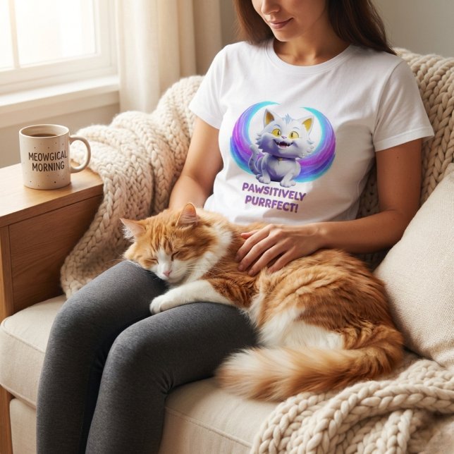 Pawsitively Purrfect Cute Cartoon White Cat Pun T Shirt (Skapare uppladdad)