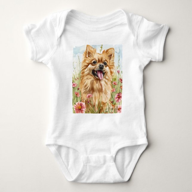 Pawtected by Pomeranian Baby Bodysuit T Shirt (Framsida)