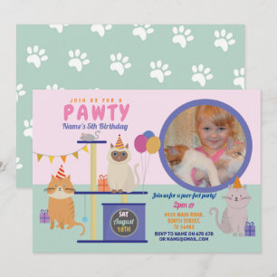 Pawty Birthday Cat Kitten Tass Girls Roligt Photo Inbjudningar