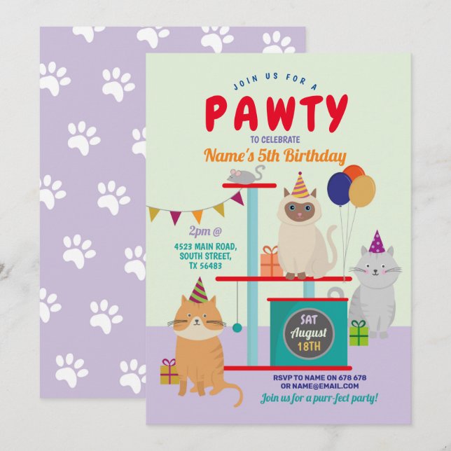 Pawty Birthday Cat Kitten Tass Roligt Lila Inbjudningar (Fram/baksida)