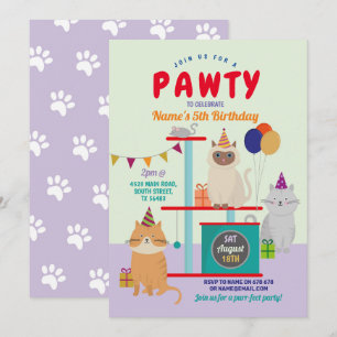Pawty Birthday Cat Kitten Tass Roligt Lila Inbjudningar