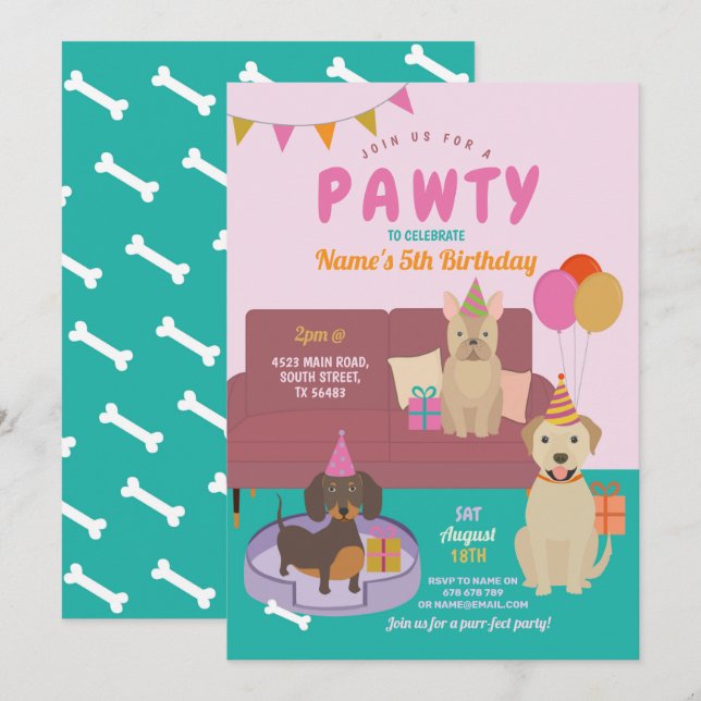 Pawty Birthday Hundar Party Puppy Roligt Rosa Inbjudningar (Fram/baksida)