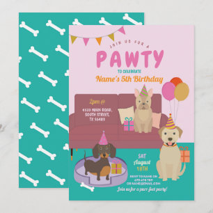 Pawty Birthday Hundar Party Puppy Roligt Rosa Inbjudningar