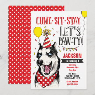 Pawty Birthday-inbjudan Hund Puppy Husky Inbjudningar