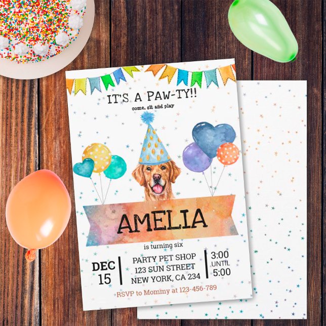 Pawty Golden Retriever Hund Puppy Birthday Inbjudningar (Front and Back)